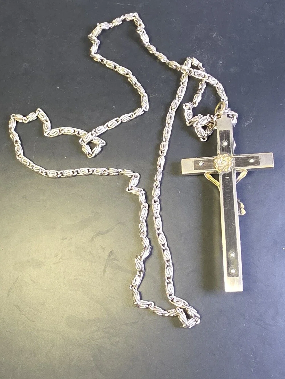 Vintage Catholic Nun's Or Priests Crucifix Featuring An Ebony Wood Inlay